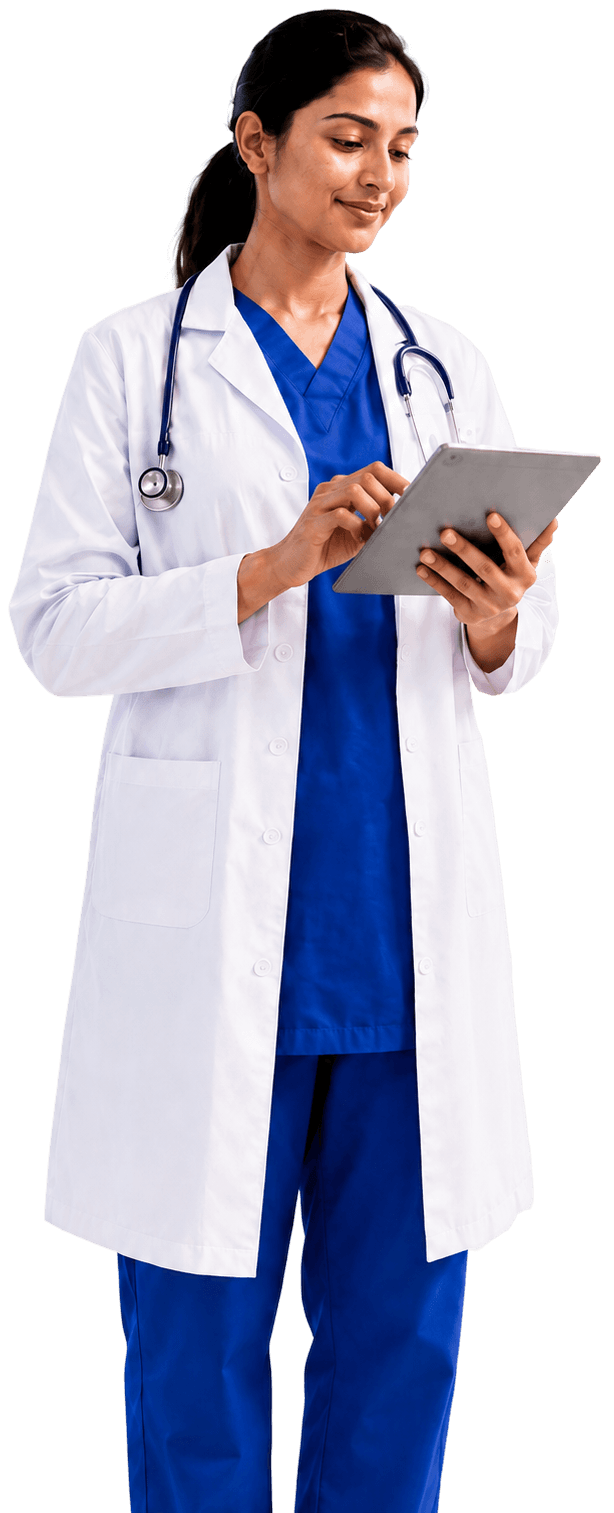 Doctor reviewing patient analytics on a tablet.